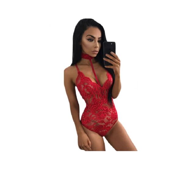Eros Red Choker Sheer Lace Bodysuit